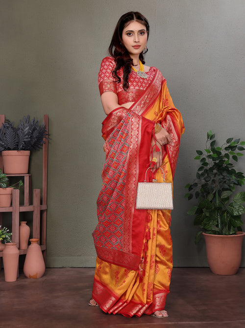 Dista Elora Soft Silk Floral Designed Patola Saree- Orange