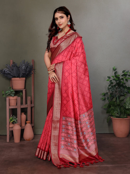 Dista Elora Soft Silk Geometric Designed Patola Saree- Carrot Red
