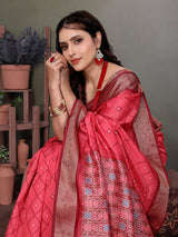 Dista Elora Soft Silk Geometric Designed Patola Saree- Carrot Red, view 2