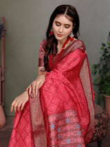Dista Elora Soft Silk Geometric Designed Patola Saree- Carrot Red, view 3