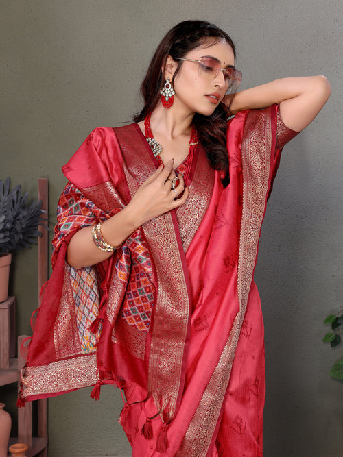 Dista Elora Soft Silk Woven Designed Patola Saree- Carrot Red