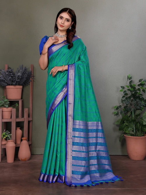 Dista Elora Soft Silk Woven Designed Patola Saree- Peacock Green