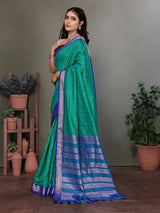 Dista Elora Soft Silk Woven Designed Patola Saree- Peacock Green, view 3
