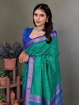 Dista Elora Soft Silk Woven Designed Patola Saree- Peacock Green, view 4