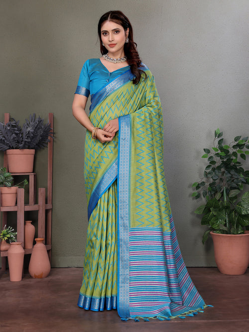 Dista Elora Soft Silk Zig Zag Pattern Bollywood Saree- Parrot Green