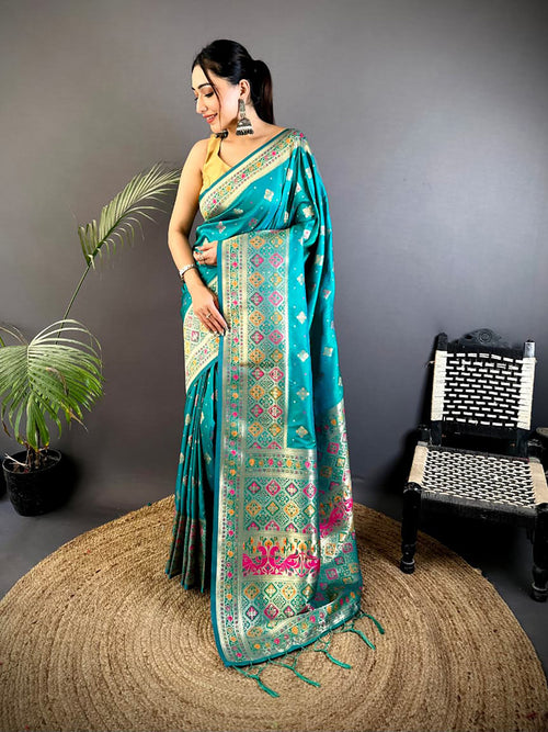 Dista Elora Teal Banarasi Lichi Silk Meenakari Zari Weaving Patola Saree
