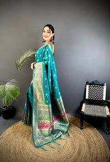 Dista Elora Teal Banarasi Lichi Silk Meenakari Zari Weaving Patola Saree, view 2