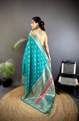Dista Elora Teal Banarasi Lichi Silk Meenakari Zari Weaving Patola Saree, view 3