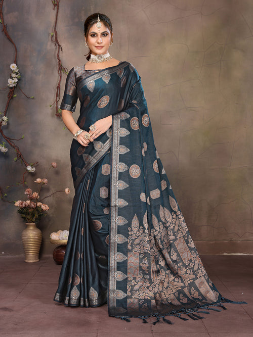 Dista Elora Teal Blue Fendi Satin Silk Banarasi Jacquard Butta Work Saree With Woven Designed Border
