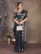 Dista Elora Teal Blue Fendi Satin Silk Banarasi Jacquard Butta Work Saree With Woven Designed Border, view 2