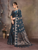 Dista Elora Teal Blue Fendi Satin Silk Banarasi Jacquard Butta Work Saree With Woven Designed Border, view 3