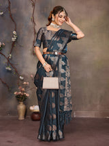 Dista Elora Teal Blue Fendi Satin Silk Banarasi Jacquard Butta Work Saree With Woven Designed Border, view 4
