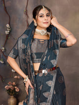 Dista Elora Teal Blue Fendi Satin Silk Banarasi Jacquard Butta Work Saree With Woven Designed Border, view 5