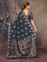 Dista Elora Teal Blue Fendi Satin Silk Banarasi Jacquard Butta Work Saree With Woven Designed Border, view 6