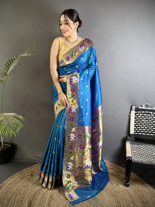 Dista Elora Teal Blue Lichi Silk Floral & Meena Weaving Zari Worked Paithani Saree