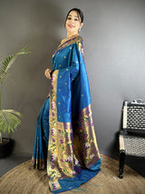 Dista Elora Teal Blue Lichi Silk Floral & Meena Weaving Zari Worked Paithani Saree, view 2