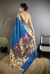 Dista Elora Teal Blue Lichi Silk Floral & Meena Weaving Zari Worked Paithani Saree, view 3