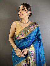 Dista Elora Teal Blue Lichi Silk Floral & Meena Weaving Zari Worked Paithani Saree, view 4