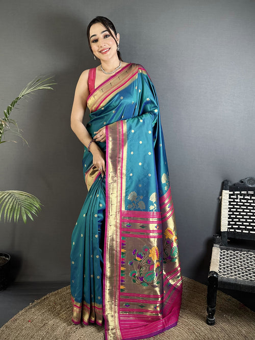 Dista Elora Teal Blue Lichi Silk Floral Motifs Zari Weaving Paithani Saree