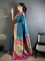 Dista Elora Teal Blue Lichi Silk Floral Motifs Zari Weaving Paithani Saree, view 2