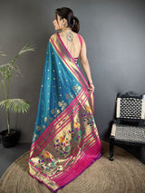 Dista Elora Teal Blue Lichi Silk Floral Motifs Zari Weaving Paithani Saree, view 3