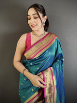 Dista Elora Teal Blue Lichi Silk Floral Motifs Zari Weaving Paithani Saree, view 4
