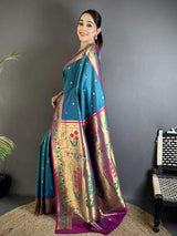 Dista Elora Teal Blue Lichi Silk Ikkat Floral Motifs Zari Woven Paithani Saree, view 2