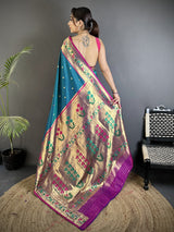 Dista Elora Teal Blue Lichi Silk Ikkat Floral Motifs Zari Woven Paithani Saree, view 3