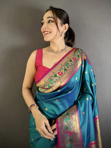 Dista Elora Teal Blue Lichi Silk Ikkat Floral Motifs Zari Woven Paithani Saree, view 4