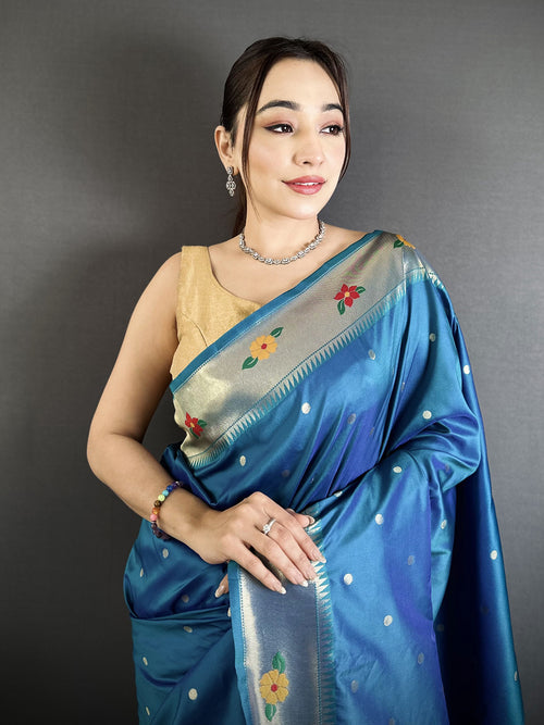 Dista Elora Teal Blue Lichi Silk Parrot & Floral Woven Design Zari Weaving Paithani Saree