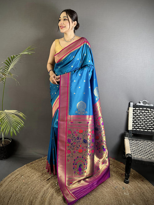 Dista Elora Teal Blue Lichi Silk Peacock & Floral Motifs Zari Weaving Paithani Saree