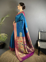Dista Elora Teal Blue Lichi Silk Peacock & Floral Motifs Zari Weaving Paithani Saree, view 2