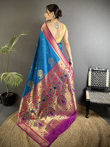 Dista Elora Teal Blue Lichi Silk Peacock & Floral Motifs Zari Weaving Paithani Saree, view 3