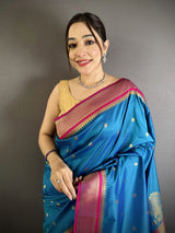 Dista Elora Teal Blue Lichi Silk Peacock & Floral Motifs Zari Weaving Paithani Saree, view 4