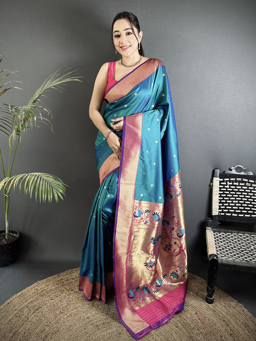 Dista Elora Teal Blue Lichi Silk Peacock Motifs Zari weaving Paithani Saree