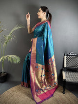 Dista Elora Teal Blue Lichi Silk Peacock Motifs Zari weaving Paithani Saree, view 2