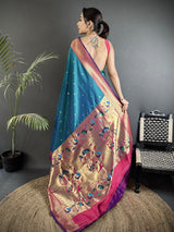 Dista Elora Teal Blue Lichi Silk Peacock Motifs Zari weaving Paithani Saree, view 3