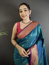 Dista Elora Teal Blue Lichi Silk Peacock Motifs Zari weaving Paithani Saree, view 4