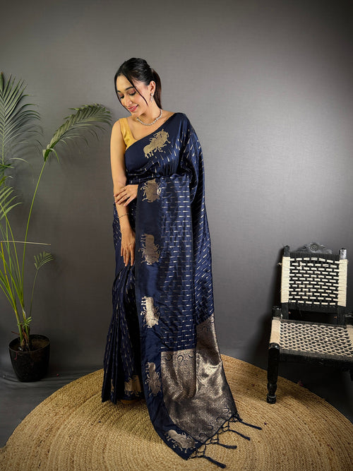Dista Elora Teal Blue Lichi Silk Striped Jacquard Zari Weaving Banarasi Saree