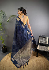 Dista Elora Teal Blue Lichi Silk Striped Jacquard Zari Weaving Banarasi Saree, view 2