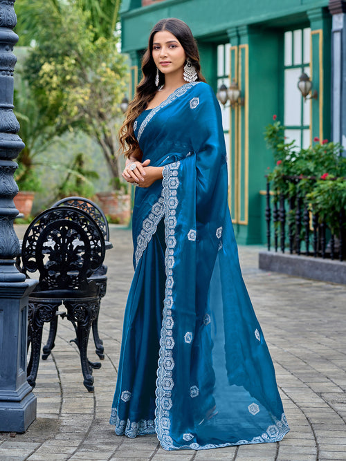 Dista Elora Teal Blue Shimmer Chiffon Geometric Embroidery Work Bollywood Saree