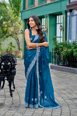 Dista Elora Teal Blue Shimmer Chiffon Geometric Embroidery Work Bollywood Saree, view 2