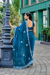Dista Elora Teal Blue Shimmer Chiffon Geometric Embroidery Work Bollywood Saree, view 3