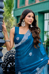 Dista Elora Teal Blue Shimmer Chiffon Geometric Embroidery Work Bollywood Saree, view 4