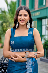Dista Elora Teal Blue Shimmer Chiffon Geometric Embroidery Work Bollywood Saree, view 5