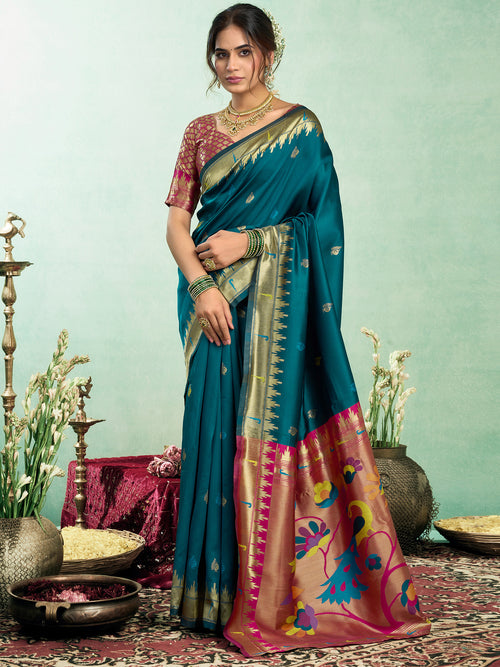 Dista Elora Teal Blue Silk Blend Peacock Motifs Weaving Paithani Saree