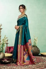 Dista Elora Teal Blue Silk Blend Peacock Motifs Weaving Paithani Saree, view 2