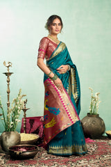 Dista Elora Teal Blue Silk Blend Peacock Motifs Weaving Paithani Saree, view 3