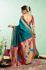 Dista Elora Teal Blue Silk Blend Peacock Motifs Weaving Paithani Saree, view 4