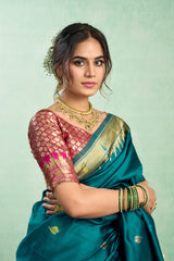 Dista Elora Teal Blue Silk Blend Peacock Motifs Weaving Paithani Saree, view 5